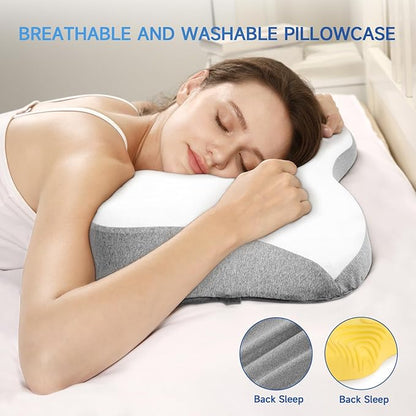 Cervical Pillow for Neck Pain Relief,Memory Foam Ergonomic Neck Support Pillow for Side Back&Stomach Sleepers with Pillowcase,Contour Best Bed Anti-Snoring Pillows for Sleeping-2Pack