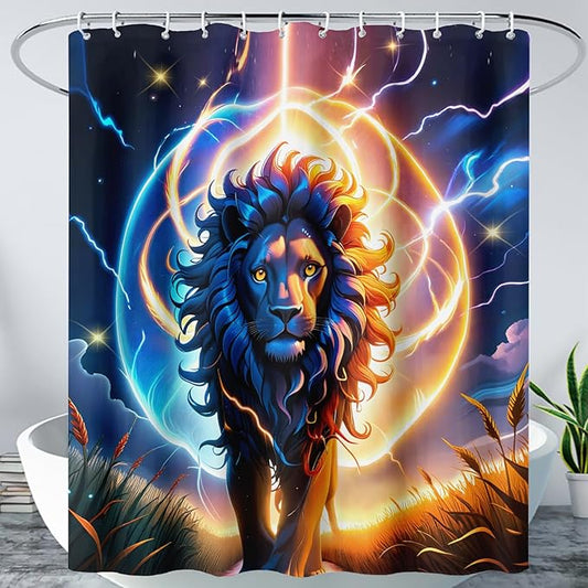 AILONEN 3D Lion Shower Curtain for Bathroom,Gold Halo Lightning Lion Printed Bath Curtain,Boys Teen Kids Running Lion Decoration Shower Curtain Waterproof 72" W*78" H