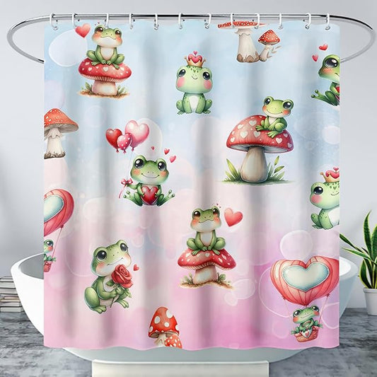 AILONEN Cartoon Frog Shower Curtain,Green Frog with Red Mushroom Roses Bathroom Curtain for Kids Boys Girls,Kawaii Amphibian Animal Waterproof Fabric Shower Curtains for Bathroom,48" W*72" H