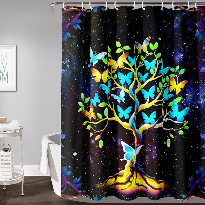 AILONEN Tree of Life Shower Curtain for Bathroom,Galaxy Starry Glowing Tree of Life Bath Curtain,Colorful Tree Shower Curtain Waterproof with 12 Plastic Hooks for Boys Girls Adults 72" W*78" H