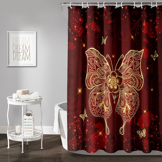 AILONEN Rose Butterfly Waterproof Curtain,Red and Gold Butterfly Floral Bath Curtain,Modern Chic Flower Polyester Fabric Red Curtain with 12 Plastic Hooks, 72" W x 96" H