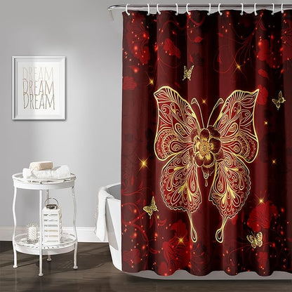 AILONEN Rose Butterfly Waterproof Curtain,Red and Gold Butterfly Floral Bath Curtain,Modern Chic Flower Polyester Fabric Red Curtain with 12 Plastic Hooks, 72" W x 96" H