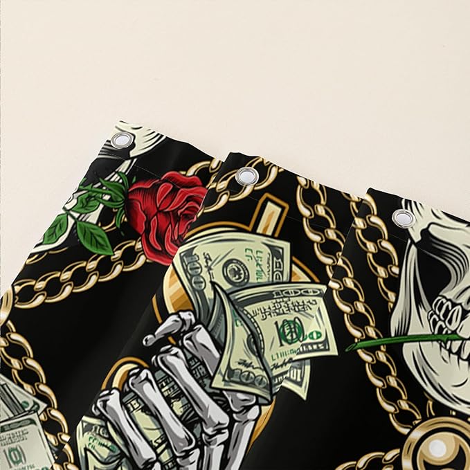 AILONEN Skull Shower Curtain for Boys,Gold Money Skeleton Bath Curtain for Decor,Luxurious Skull Print Shower Curtain with 12 Plastic Hooks,Waterproof 72" W*84" H