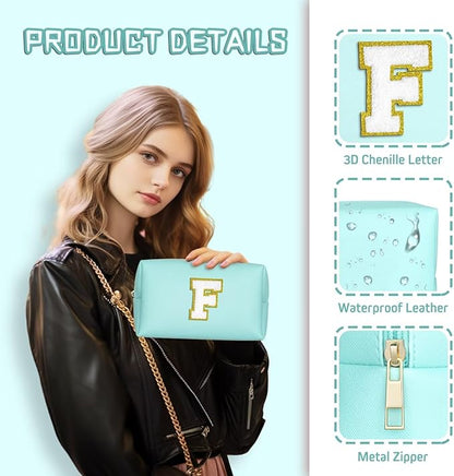 TOPEAST Preppy Makeup Bag, Small Cosmetic Travel Bags for Women, PU Leather Waterproof Toiletry Bag with Zipper, Personalized Birthday Gift for Women Girl, Preppy Gifts for Girl (Blue F)