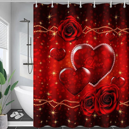 AILONEN Red Hearts Rose Shower Curtain for Bathroom Decor, Romantic Flower Bathroom Curtain 48" W*72" H,Valentine Bath Curtain Polyester Waterproof Shower Curtain with 12 Hooks
