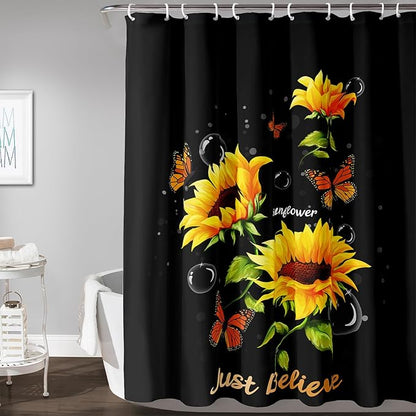 AILONEN Sunflower Shower Curtain for Bathroom,Butterfly Sunflower Bath Curtain Waterproof,Garden Yellow Flower Decor Bathroom Black Curtain with 12 Plastic Hooks, 72" W x 96" H