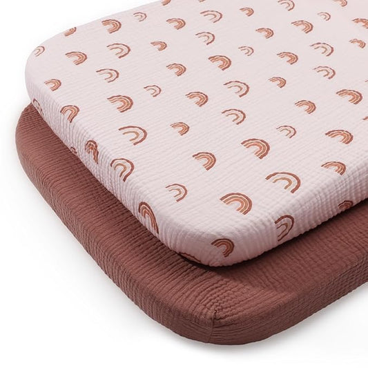 Blissful Diary Muslin Bassinet Sheets for Baby Girls Boys, Boho Soft Cotton Fitted for Oval Hourglass Rectangle Mattress, 2 Pack(Rainbow&Cedar)