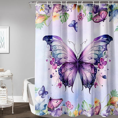 AILONEN Butterfly Shower Curtain for Bathroom, Purple Butterfly Bath Curtain Decor,Modern Printed Waterproof Shower Curtain with 12 Plastic Hooks (Kids/Girls/Women/Teen/) 72" W*72" H
