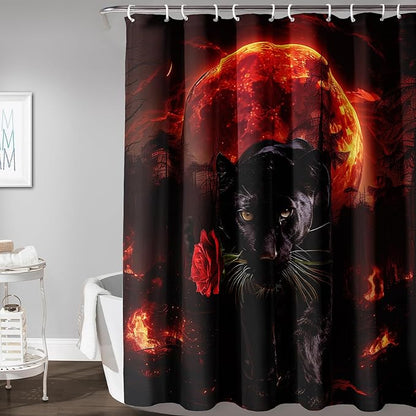 AILONEN Black Panther Shower Curtain,Evening Moon Flame Leopard Bath Curtain for Kids Men,Wildlife Animal Polyester Waterproof with 12 Plastic Hooks 72" W*78" H