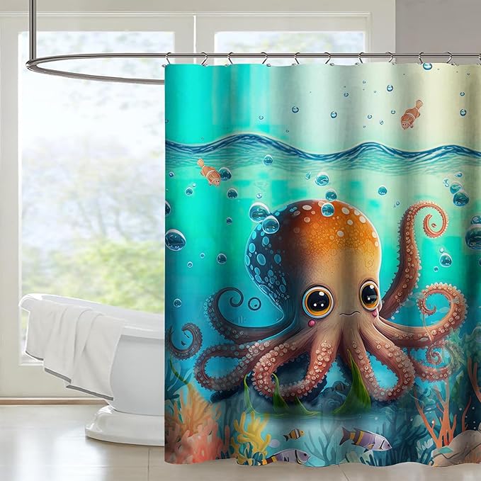 AILONEN Cute Cartoon Octopus Shower Curtain,Beautiful Sea World Theme theme Bath Curtain Cloth Fabric Bathroom 72" W*84" H Inch,12 Pack Hooks for Kids Child Sea Animal Bathroom Curtain