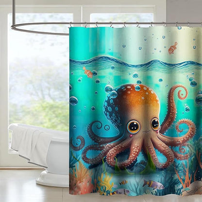 AILONEN Cute Cartoon Octopus Shower Curtain,Beautiful Sea World Theme theme Bath Curtain Cloth Fabric Bathroom 72" W*84" H Inch,12 Pack Hooks for Kids Child Sea Animal Bathroom Curtain