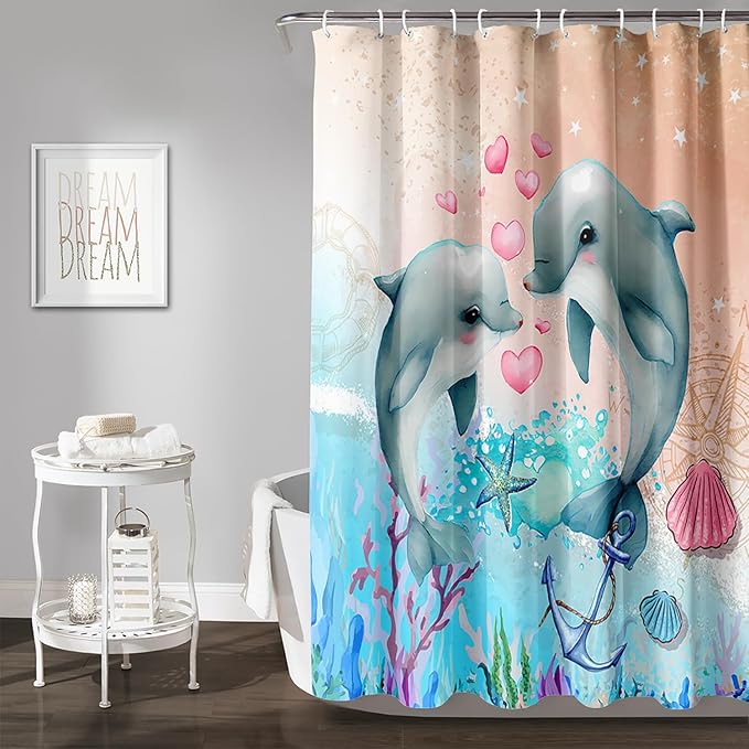 AILONEN Catrtoon Dolphin Shower Curtain Bathroom 36" W*72" H Kawaii Jumping Dolphin Curtain Cloth Fabric Bathroom for Kids Girls,Ocean Theme Shower Curtain Set