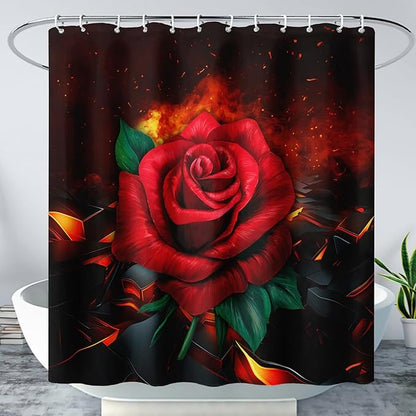 AILONEN Red Rose Shower Curtain for Bathroom, 3D Print Romantic Flower Bath Curtain,Modern Botanical Flame Fire Rose Flower Waterproof Shower Curtain Decoration with 12 Plastic Hooks, 72" W*84" H