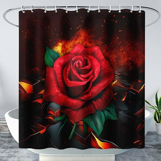 AILONEN Red Rose Shower Curtain for Bathroom, 3D Print Romantic Flower Bath Curtain,Modern Botanical Flame Fire Rose Flower Waterproof Shower Curtain Decoration with 12 Plastic Hooks, 72" W*84" H