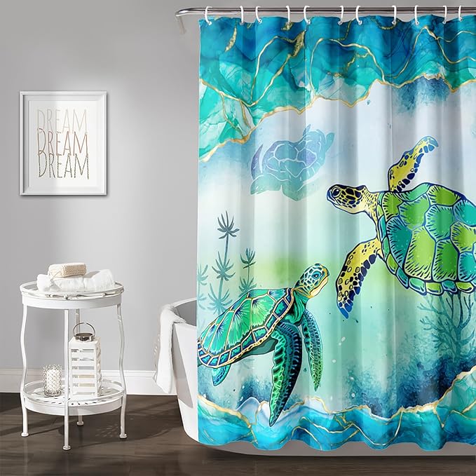 AILONEN Green Sea Turtle Shower Curtain,Cartoon Turtle and Water Plant Shower Curtain Set for Bathroom,Marble Theme Waterproof Fabric Shower Curtain with Hooks,72" W*96" H