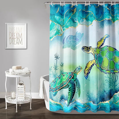 AILONEN Green Sea Turtle Shower Curtain,Cartoon Turtle and Water Plant Shower Curtain Set for Bathroom,Marble Theme Waterproof Fabric Shower Curtain with Hooks,72" W*96" H