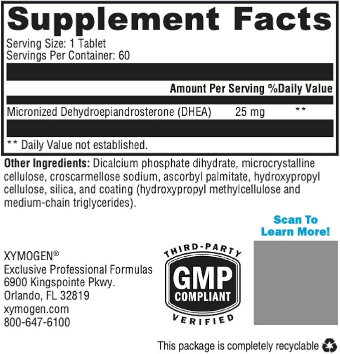 XYMOGEN DHEA 25 mg - Micronized DHEA to Support Healthy Androgen and Estrogen Levels + Adrenal Support - Dehydroepiandrosterone DHEA Supplement for Women + Men (60 Tablets)