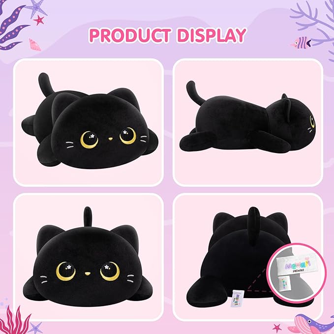 Cute Cat Plush Pillow, Kawaii Plushies Black Cat Stuffed Animals, Squishy Plushies, Cuddle Plush Pillow for Boys & Girls
