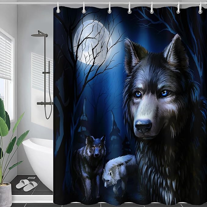 AILONEN Cool Wolf Shower Curtain,Evening Moon Wolf Bath Curtain for Bathroom Decor,Polyester Waterproof for Shower,72" W*96" H with 12 Plastic Hooks