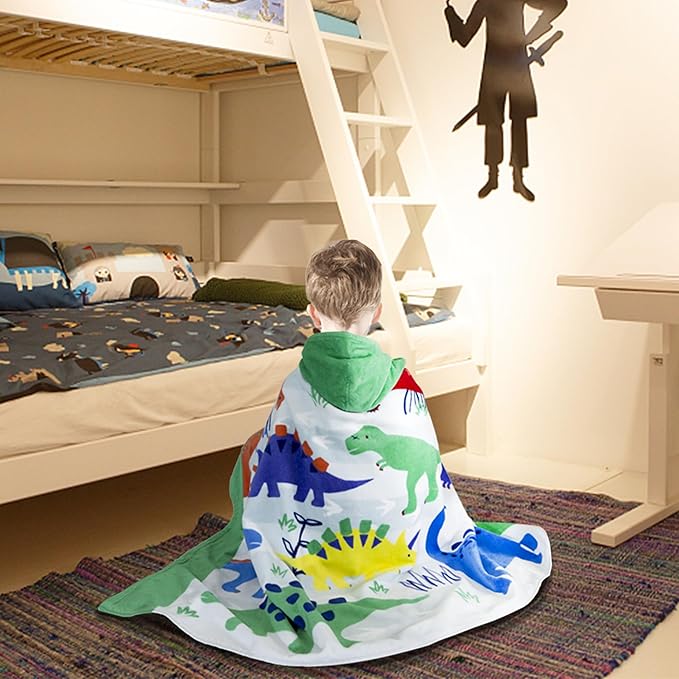 Kids Bath Towel Hooded - Cotton Kids Beach Towel 30"x50" for Ages 3 to 10, Toddler Towels with Hood Snaps, Soft Terry Poncho Towel as Pool Swim Cover Ups for Girls Boys (Dino Green)