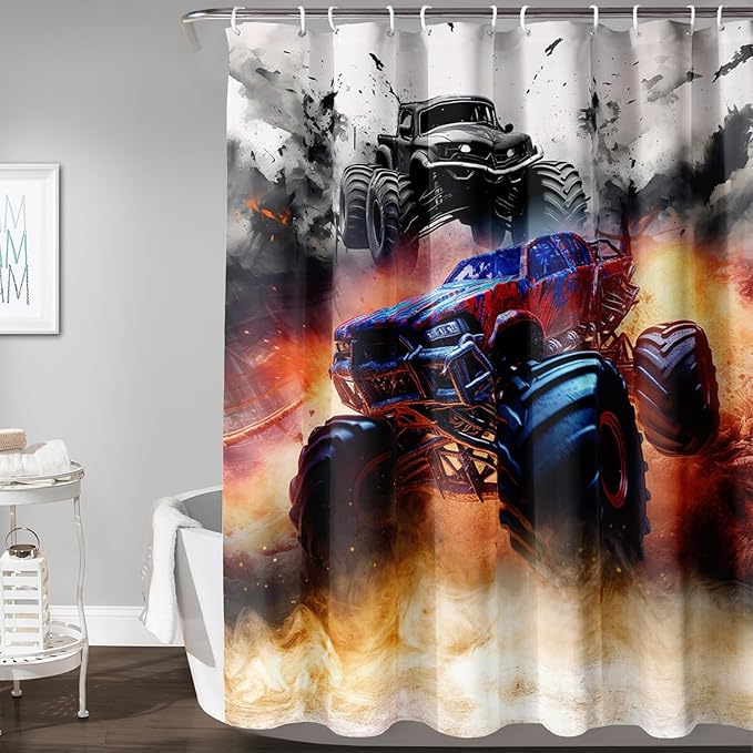 AILONEN Boys Monster Truck Shower Curtain for Bathroom, Watercolor Truck Bath Curtain,Cartoon Truck Shower Curtain for Kids Teen,Waterproof Curtain Bathroom 48" W*72" H Decor with 12 Plastic Hooks