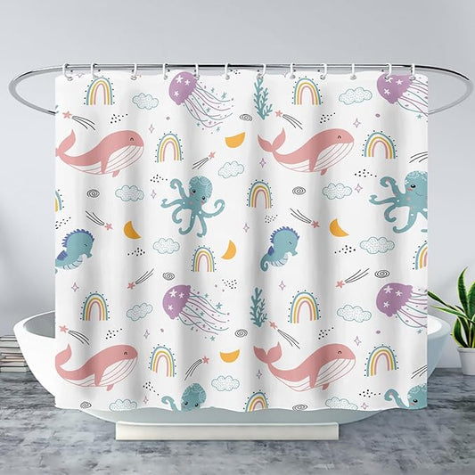 AILONEN Cartoon Dolphin Shower Curtain for Kids 36" W*72" H Inch,Cute Seahorse Rainbow Octopuses Shower Curtain,Ocean Life Theme 12 Pack Hooks Polyester Waterproof Fabric Decor for Bathroom