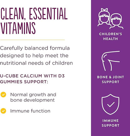 Solgar U-Cubes Children's Calcium with Vitamin D3, 120 Gummies - 3 Flavors, Pink Lemonade, Blueberry & Strawberry - Supports Bone & Teeth Health - Non GMO Gluten Free, Dairy Free - 60 Servings