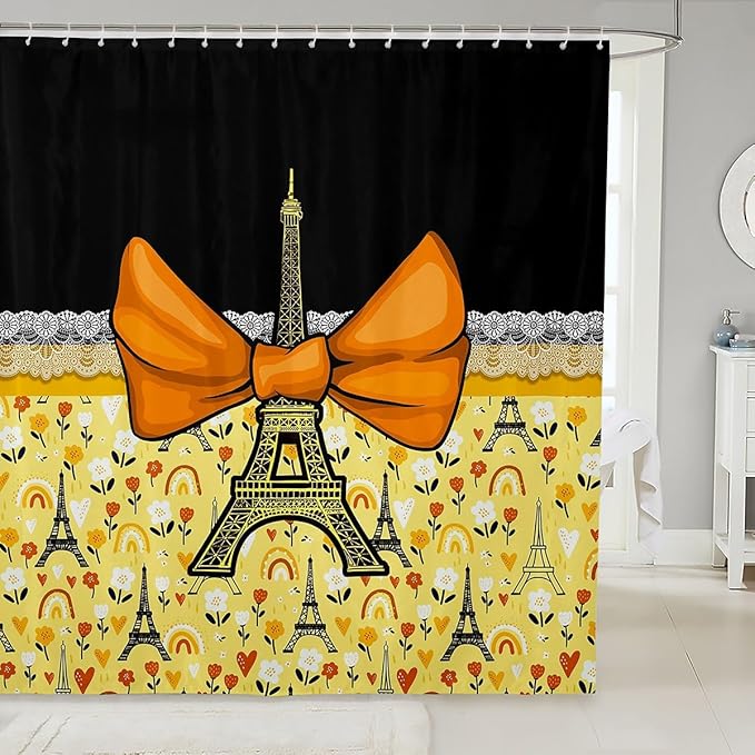 Feelyou Eiffel Tower Shower Curtain 72"x84" Kids Romantic Paris Bowknot Bathroom Shower Curtain Set for Boys Girls Teens Black Yellow Bath Curtain Modern French Bathroom Accessories