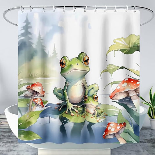 AILONEN Cartoon Frog Shower Curtain,Cute Green Frog Amphibious Animal Waterproof Fabric Bath Curtain for Kids Girls Boys,Red Mushroom Shower Curtain Set for Bathroom with Hooks,72" W*96" H