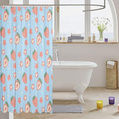 Feelyou Blue Strawberry Bathroom Waterproof Accessories with 12 Hooks Kawaii Fruit Shower Curtain for Kids Boys Girls Cute Stars Strawberry Fabric Shower Curtain Kawaii Lovely Curtains,72x84 Inches