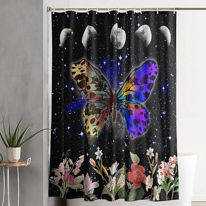 AILONEN Colorful Moth Shower Curtain,Sun and Moon Shower Curtain Set for Kids Girls Boys,Boho Natural Flowers Bath Curtain,Starry Night Bathroom Decor Shower Curtain with 12 Hooks,72" W*84" H