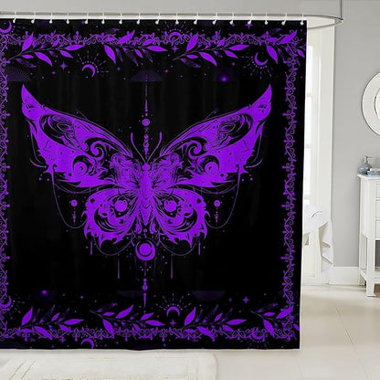 Feelyou Boho Purple Butterfly Fabric Shower Curtain Bohemian Moth Shower Curtain for Kids Boys Girls Moon Galaxy Bathroom Waterproof Accessories with 12 Hooks Black and Purple Curtains,72X78 Inches