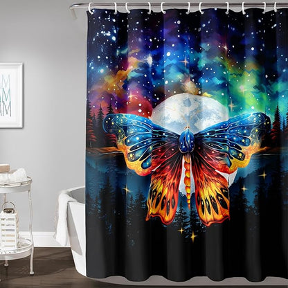 AILONEN Colorful Moth Shower Curtain,Galaxy Moon Moth Bath Curtain for Bathroom Decor,Polyester Waterproof with 12 Plastic Hooks 72" W*72" H