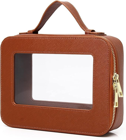 Clear Makeup Bag for Women Waterproof Travel Makeup Case Portable Cosmetic Case Toiletry Bag Car Organizer with Zipper (X/Brown, L)