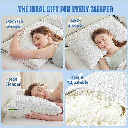 Cooling Pillows for Sleeping, Shredded Memory Foam Pillows 2 Pack, Bed Pillows Queen Size Set of 2, Adjustable Loft Soft or Firm Pillow for Side Back Stomach Sleepers with Cooling Cover
