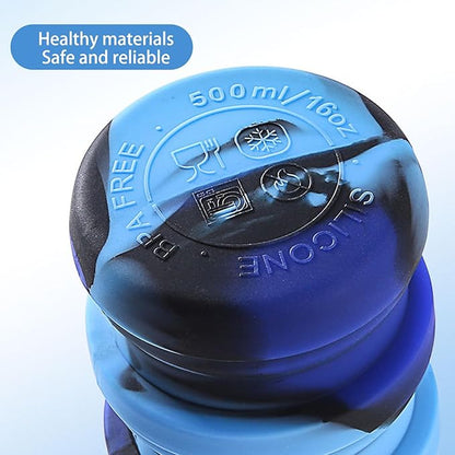 Collapsible Water Bottles Two Pack Travel Sports Portable Sport Water Bottle comes with mountaineering Buckle 500ml silicone Water-proof camping water bottle (Dark blue and Purple Color)