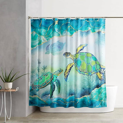 AILONEN Green Sea Turtle Shower Curtain,Cartoon Turtle and Water Plant Shower Curtain Set for Bathroom,Marble Theme Waterproof Fabric Shower Curtain with Hooks,72" W*96" H
