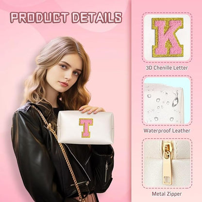 TOPEAST Cosmetic Travel Bags for Women, Preppy Small Makeup Bag, PU Leather Waterproof Toiletry Bag, Unique Friendship Gifts for Friends Coworker, Cute Stuff for Girls (Pearly White R)
