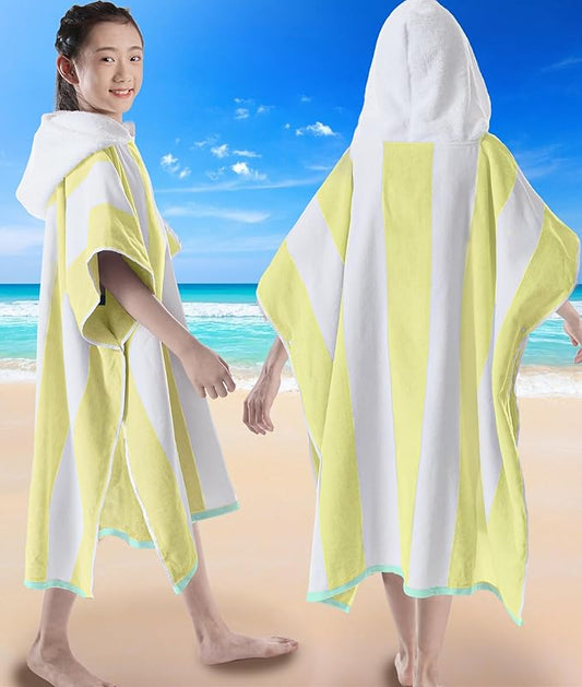 VOOVA & MOVAS Big Kids Hooded Towel Poncho | Large, Soft, Absorbent Cotton Towel Robe | 8-16Years | Versatile for Pool, Swim,Beach and Bathroom | Yellow Cabana Stripe