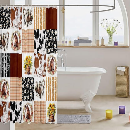 Feelyou Horse Shower Curtain 72"x72" Kids Cowboy Cow Fur Bathroom Shower Curtain Set for Boys Girls Teens Farm Geometric Stripes Bath Curtain Daisy Sunflower Bathroom Accessories
