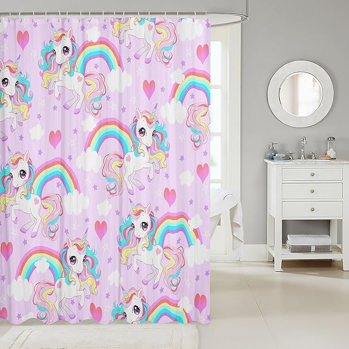 Feelyou Unicorn Shower Curtain Kids Toddler Boys Girls Cute Unicorn Bath Curtain Cartoon Unicorn Bathroom Shower Curtain Set Girl Unicorn Kids Bathroom Accessories 72"x84"