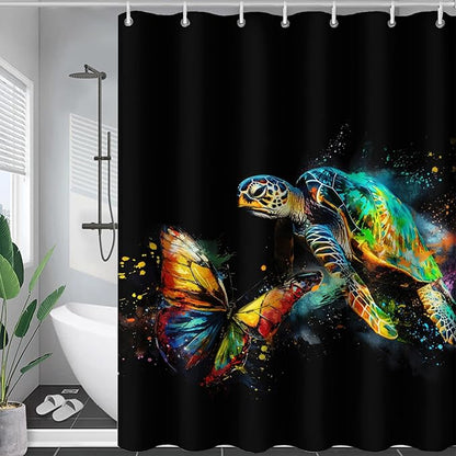 AILONEN Sea Turtle Shower Curtain, Tie Dye Turtle and Butterfly Bathroom Curtain,Minimalist Black Bath Curtain 72" W*96" H Polyester Waterproof Bathroom Curtain with 12 Hooks