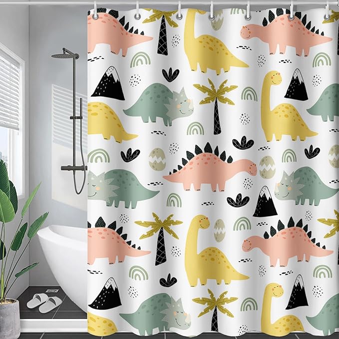 AILONEN Dinosaur Shower Curtain for Kids Boys Girls, Cute Kawaii Dinosaur Bathroom Curtain,Tropic Tree Leaves Printed Bath Curtain 60" W*72" H Polyester Waterproof Bathroom Curtain with 12 Hooks