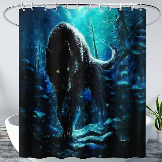 AILONEN Wolf Shower Curtain,Evening Moon Wolf Bath Curtain Gifts for Kids Boys Girls,Safari Wolf Polyester Waterproof with 12 Plastic Hooks 72" W*78" H