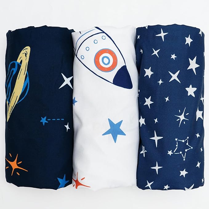 david's kids 3 Pack Bassinet Sheets, Ultra Soft Breathable Comfortable Baby Sheet Set for Boys Girls Neutral, Univeral Fit for Most Cradle and Bassinet Mattress, Space