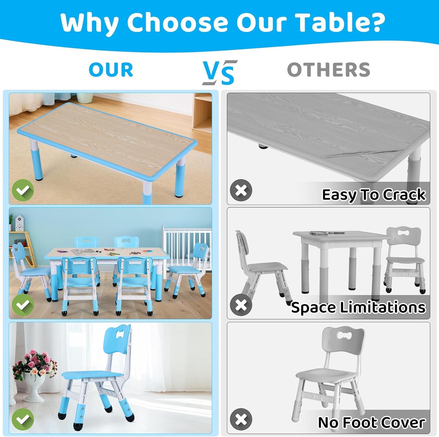 Kids Table and 6 Chairs Set, Height Adjustable Graffiti Desk, Preschool Activity Art Craft Table, for Daycare Classroom Home Boys and Girls Age 3-12 (Blue)