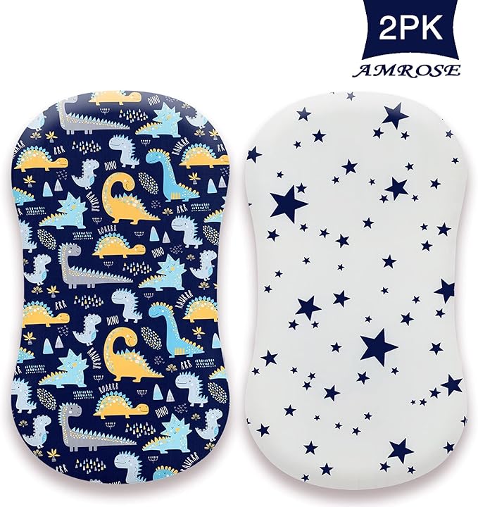 Premium Cotton Bassinet Sheets, Fit for Halo Bassinest Swivel Sleeper, 2 Pack Hourglass Bassinet Mattress Sheet Set for Baby Boys, Soft Breathable Safe, Dinosaur & Stars