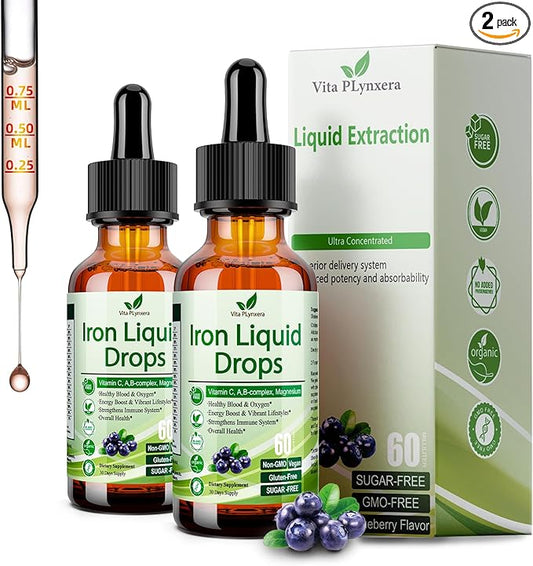2 Pack Liquid Iron Supplement for Women Men & Kids, Vegan Iron Drops with Vitamin C D, B12, B-Complex, High Potency Liquid Iron with Multivitamin for Anemia, Energy Support, Magnesium Iron Gentle