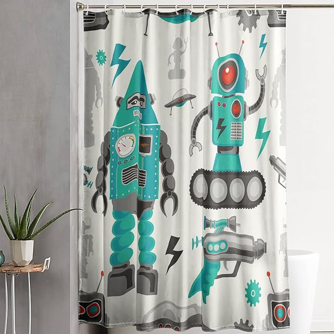AILONEN Robot Shower Curtain,Cartoon Green Tank Robot Bathroom Decors, 48" W*72" H Logistic Robots Waterproof Shower Curtain for Boys Girls Teens Kids