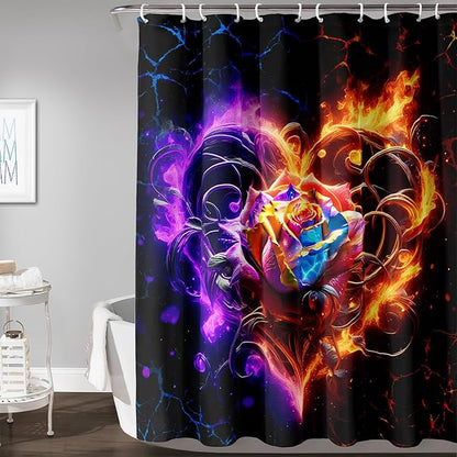AILONEN Rose Shower Curtain for Bathroom,Purple Red Flame Fire Rose Hearts Print Bath Curtain,Modern Print Decoration Waterproof Shower Curtain with 12 Plastic Hooks, 72" W*78" H